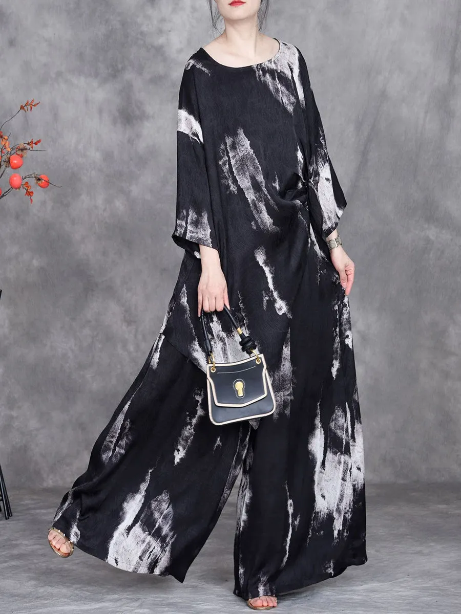 Women Summer Artsy Irregular Hem O-Neck Loose Suits