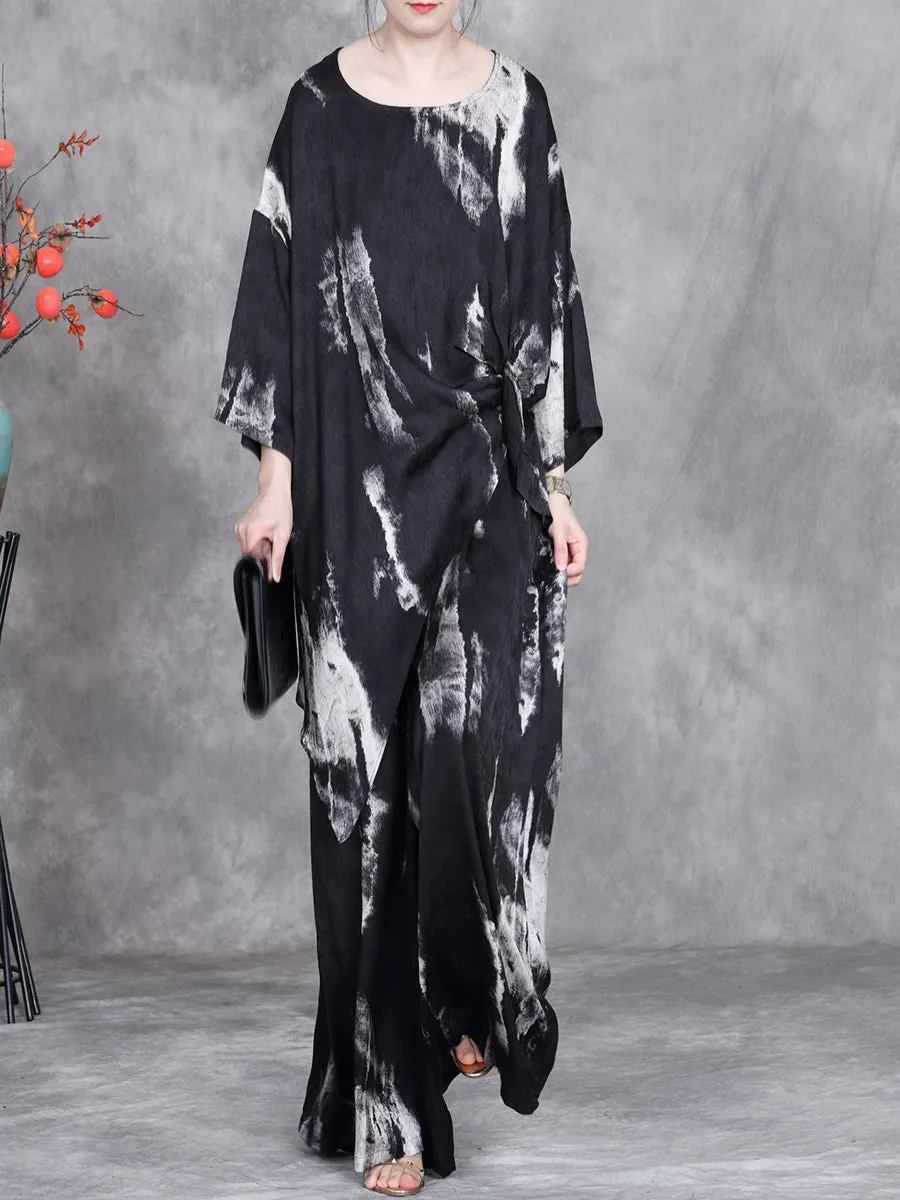 Women Summer Artsy Irregular Hem O-Neck Loose Suits