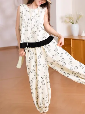 Women Summer Casual Dot Jacquard O-Neck 100%Cotton Suits