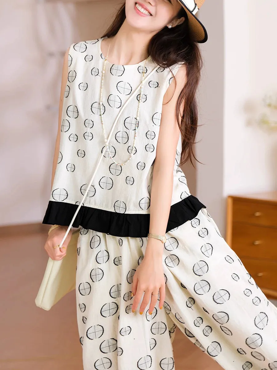 Women Summer Casual Dot Jacquard O-Neck 100%Cotton Suits