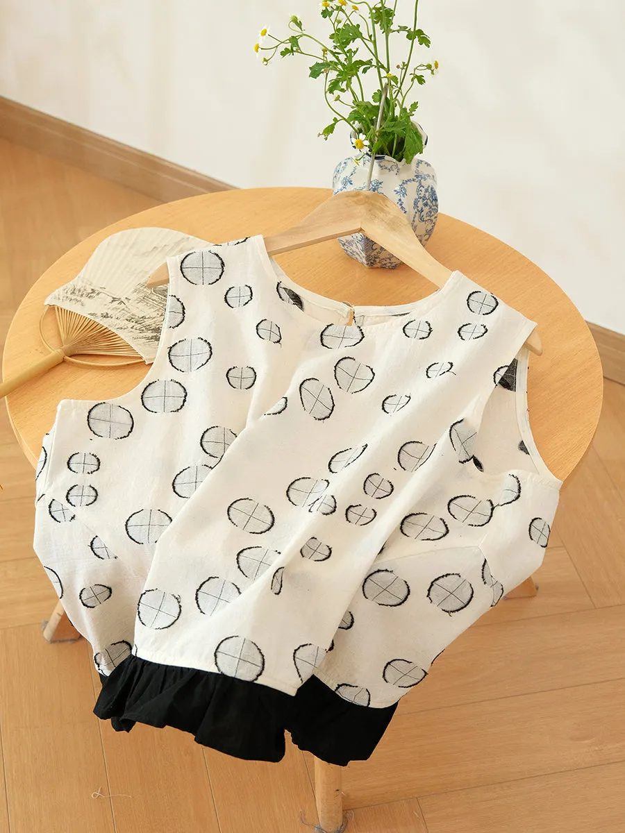 Women Summer Casual Dot Jacquard O-Neck 100%Cotton Suits