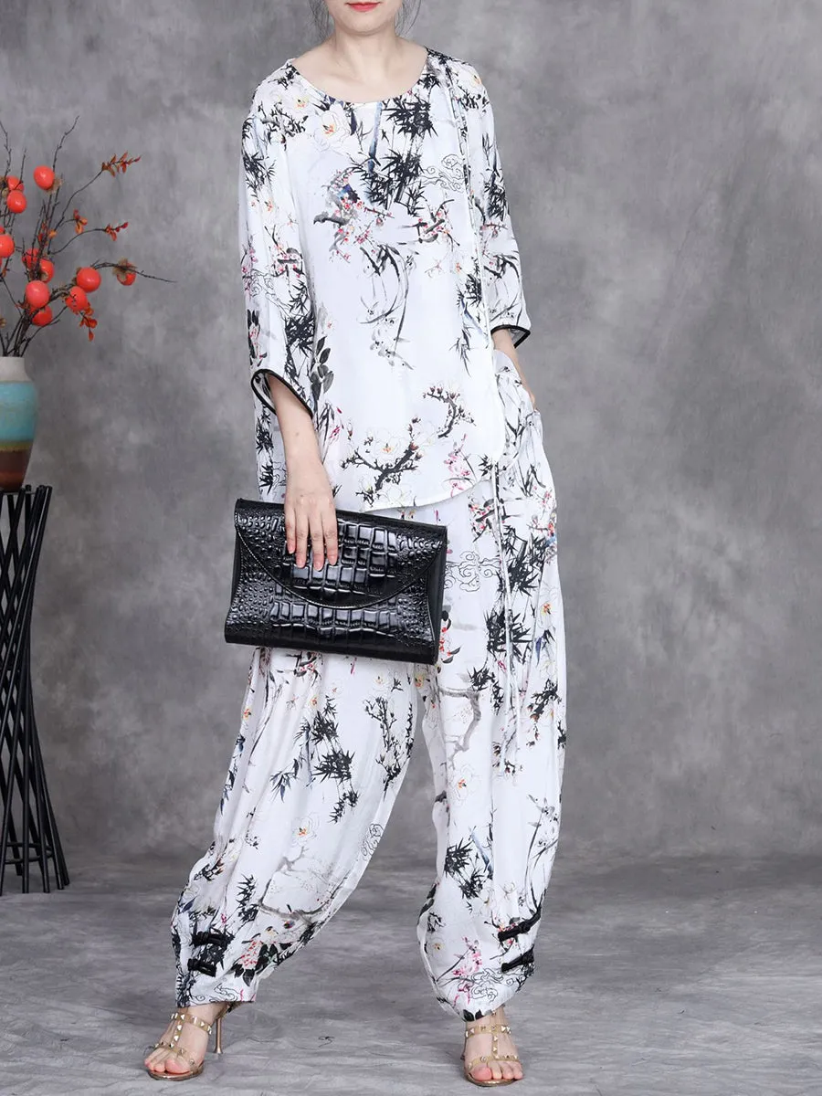 Women Summer Ethnic Plant O-Neck Loose Suits