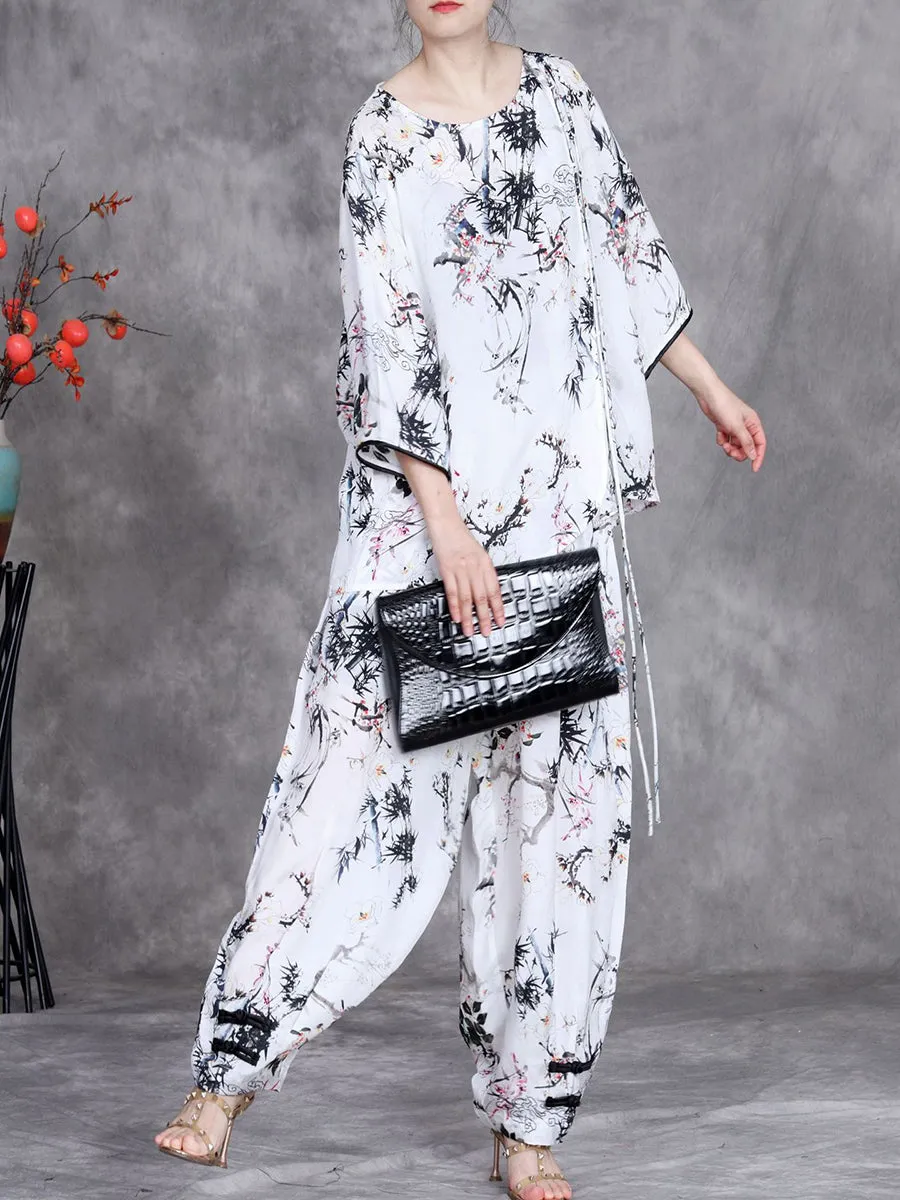 Women Summer Ethnic Plant O-Neck Loose Suits