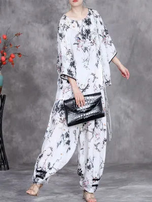 Women Summer Ethnic Plant O-Neck Loose Suits