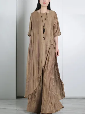 Women Summer Vintage Pure Color O-Neck Loose Suits
