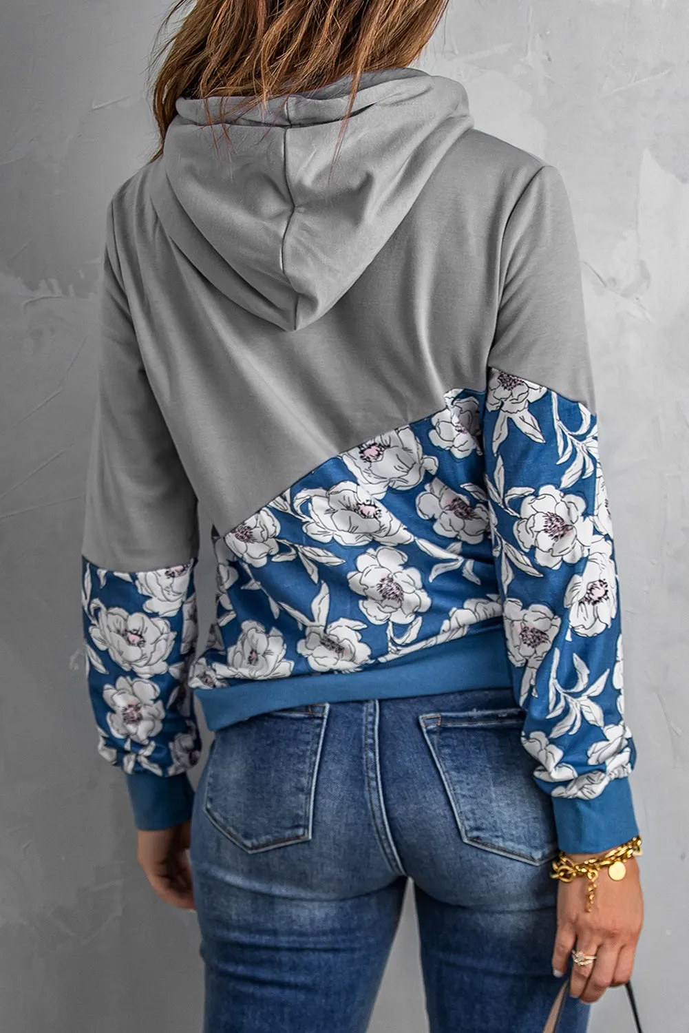 Women's Gray Floral Splicing Cowl Neck Hoodie