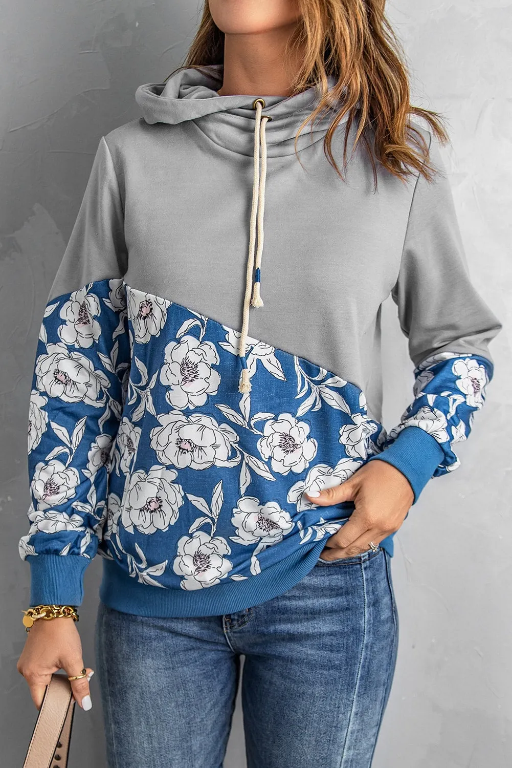 Women's Gray Floral Splicing Cowl Neck Hoodie
