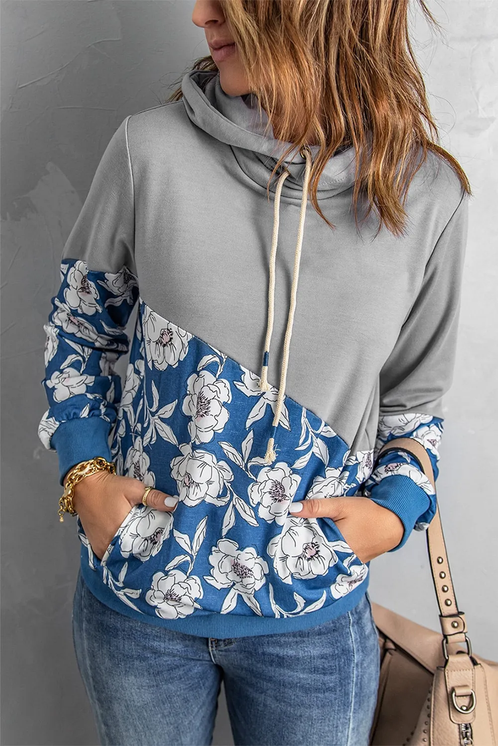 Women's Gray Floral Splicing Cowl Neck Hoodie