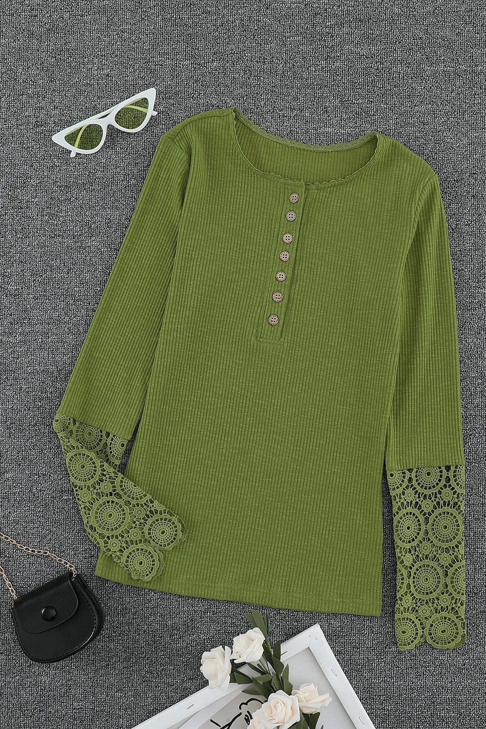 Women's Green Crochet Lace Hem Sleeve Button Casual Top
