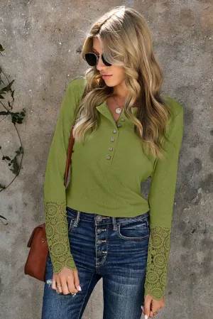 Women's Green Crochet Lace Hem Sleeve Button Casual Top