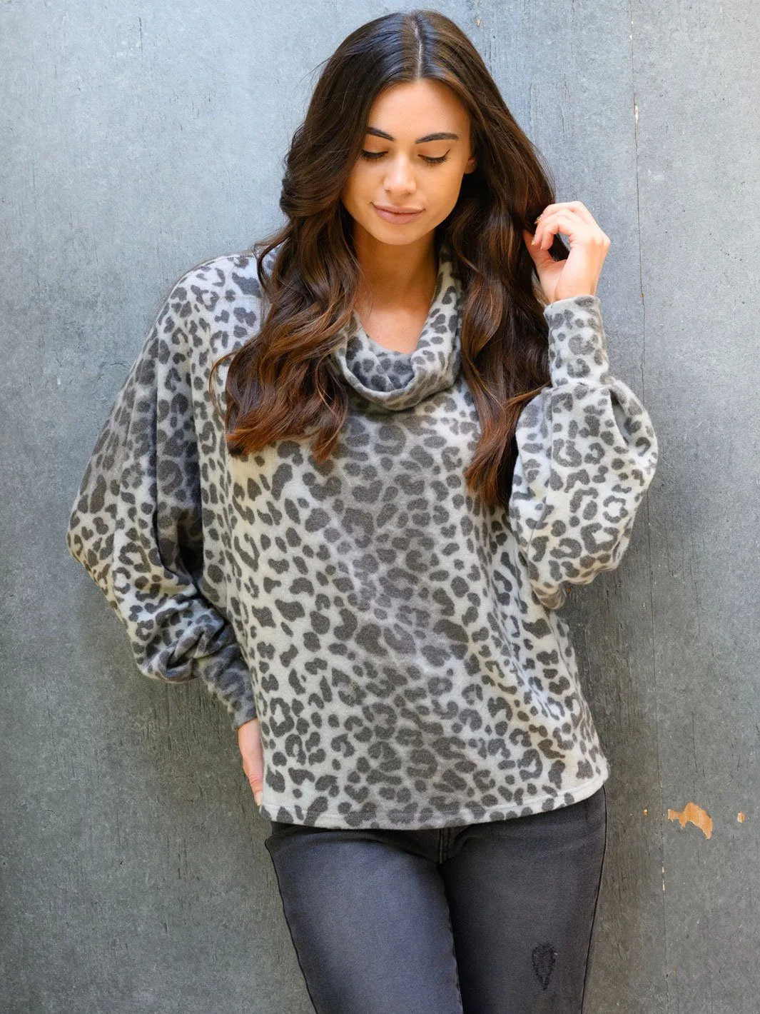 WOMEN'S LONG SLEEVE COWL NECK ANIMAL PRINT TOP