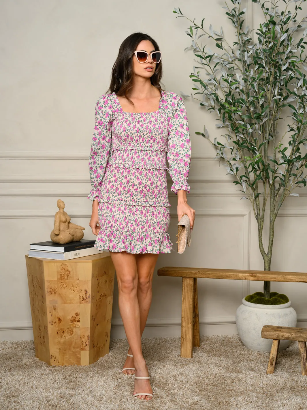 WOMEN'S LONG SLEEVE SMOCKED FLORAL MINI DRESS