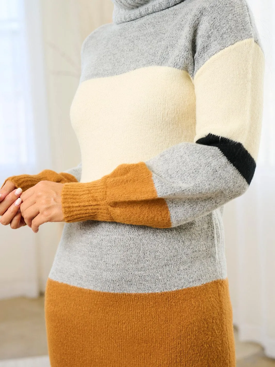 WOMEN'S LONG SLEEVE TURTLE NECK COLORBLOCK SWEATER MINI DRESS
