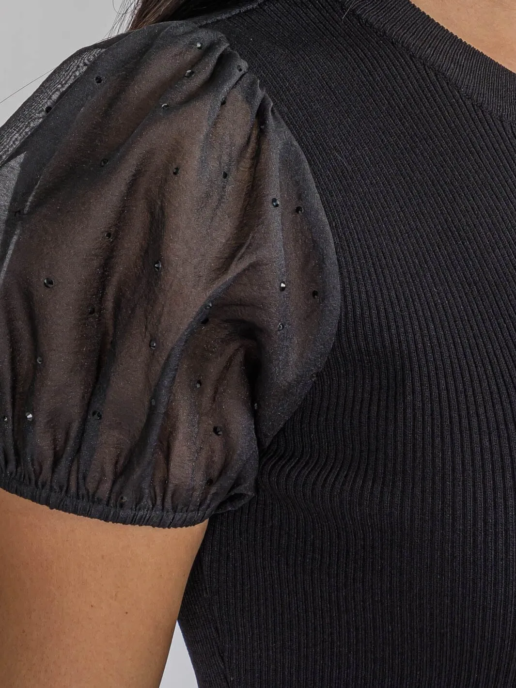 WOMEN'S SHORT PUFF SLEEVE BODYCON RIBBED MINI SWEATER DRESS