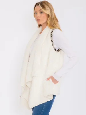 WOMEN'S SLEEVELESS OPEN FRONT POCKETS ANIMAL PRINT SHERPA VEST