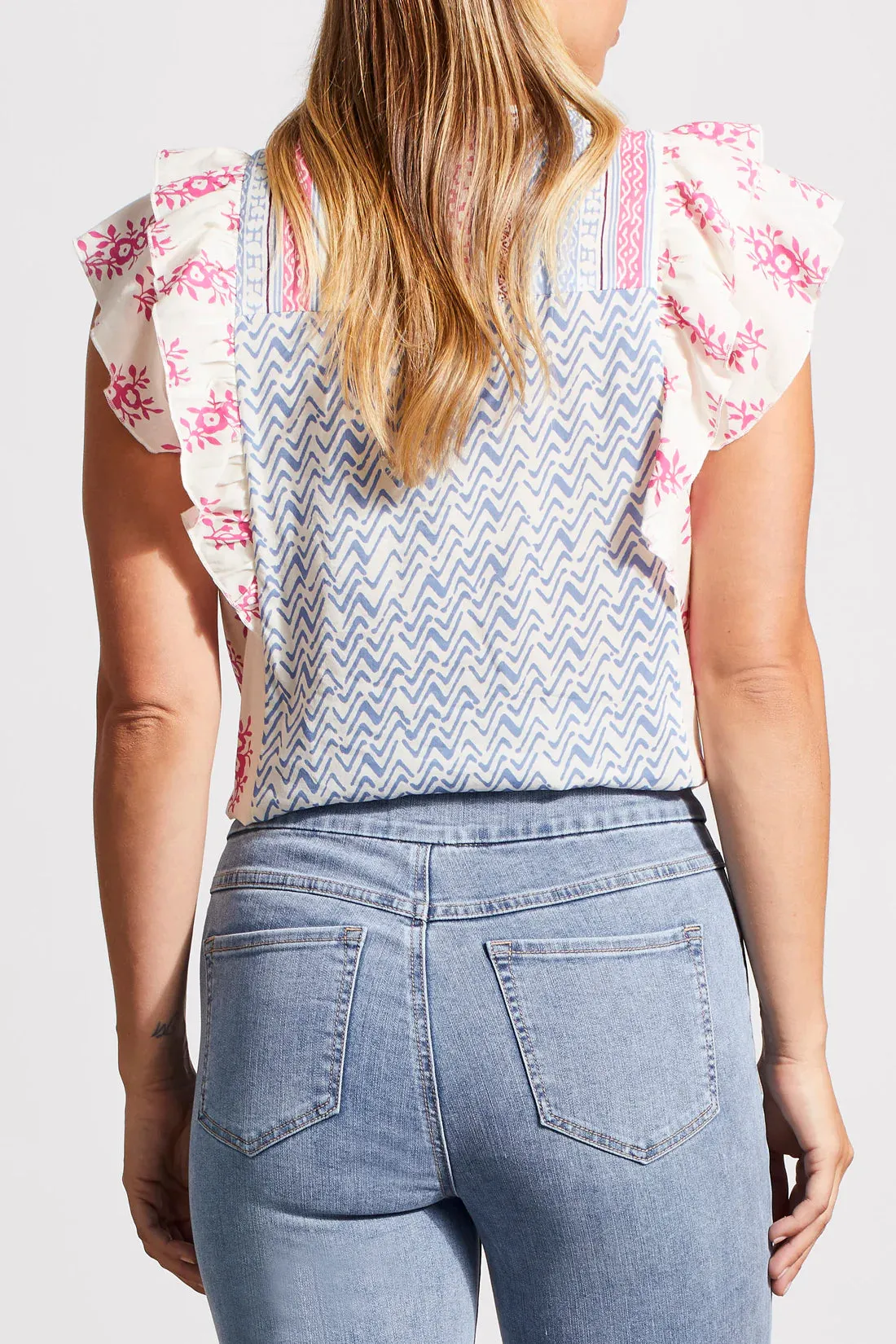 Women's Tribal Jeans | Mixed Print Cotton Blend Ruffle Top | Hi Pink