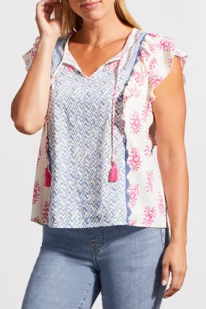 Women's Tribal Jeans | Mixed Print Cotton Blend Ruffle Top | Hi Pink