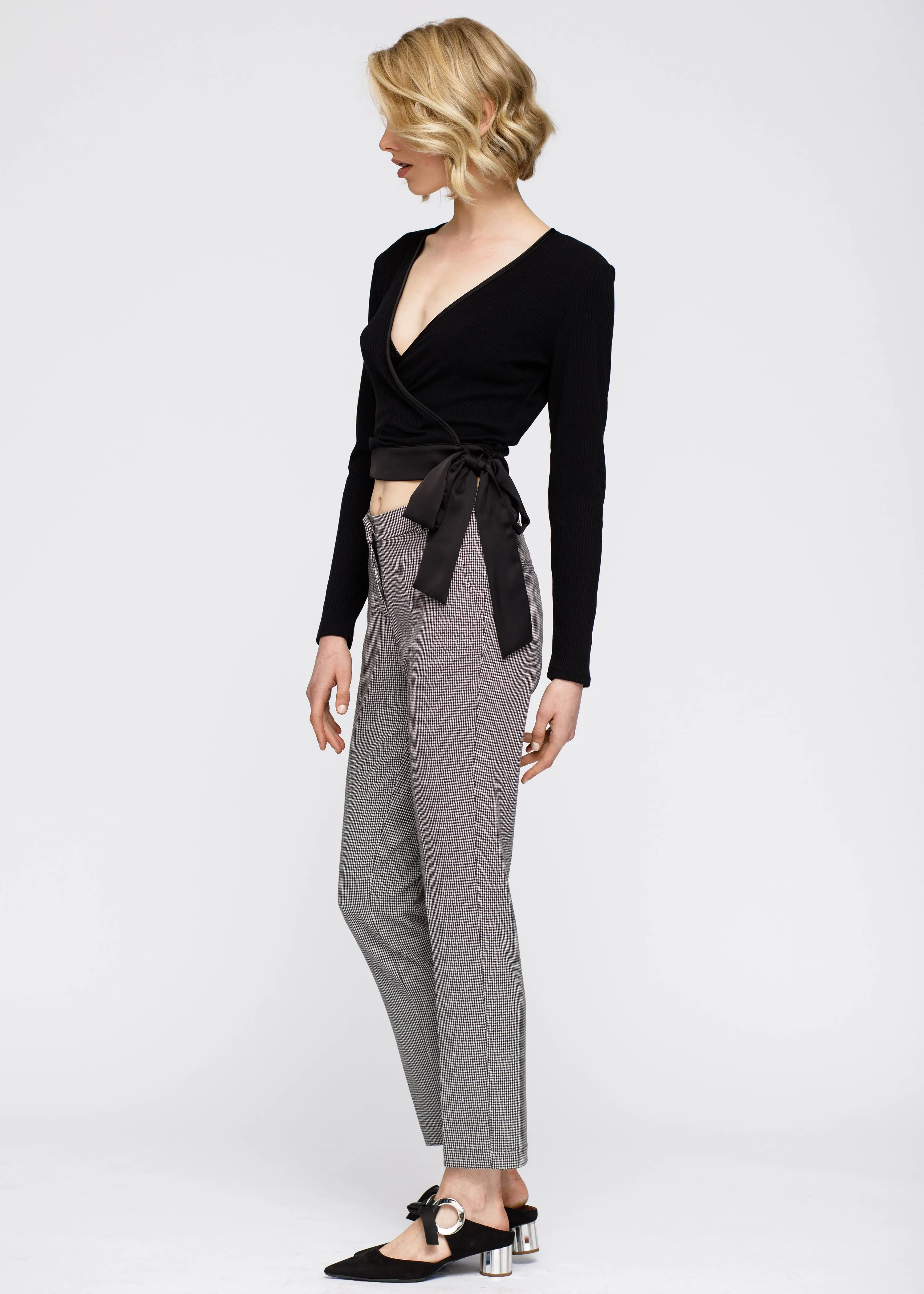 Women's Wrap Front Tie Ribbed Crop Knit Top In Black by Shop at Konus