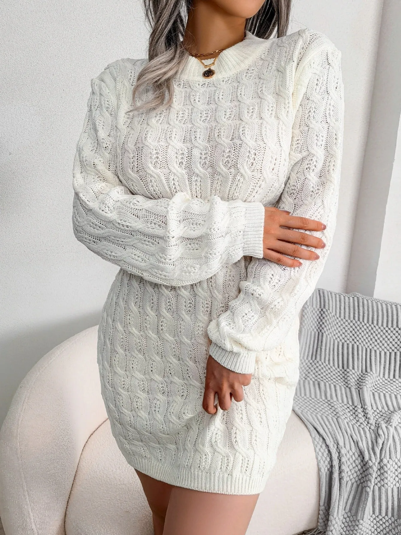 xieyinshe  Women's Sweater Round Neck Solid Twist Waist Bottoming Fall Winter Sweater Dress