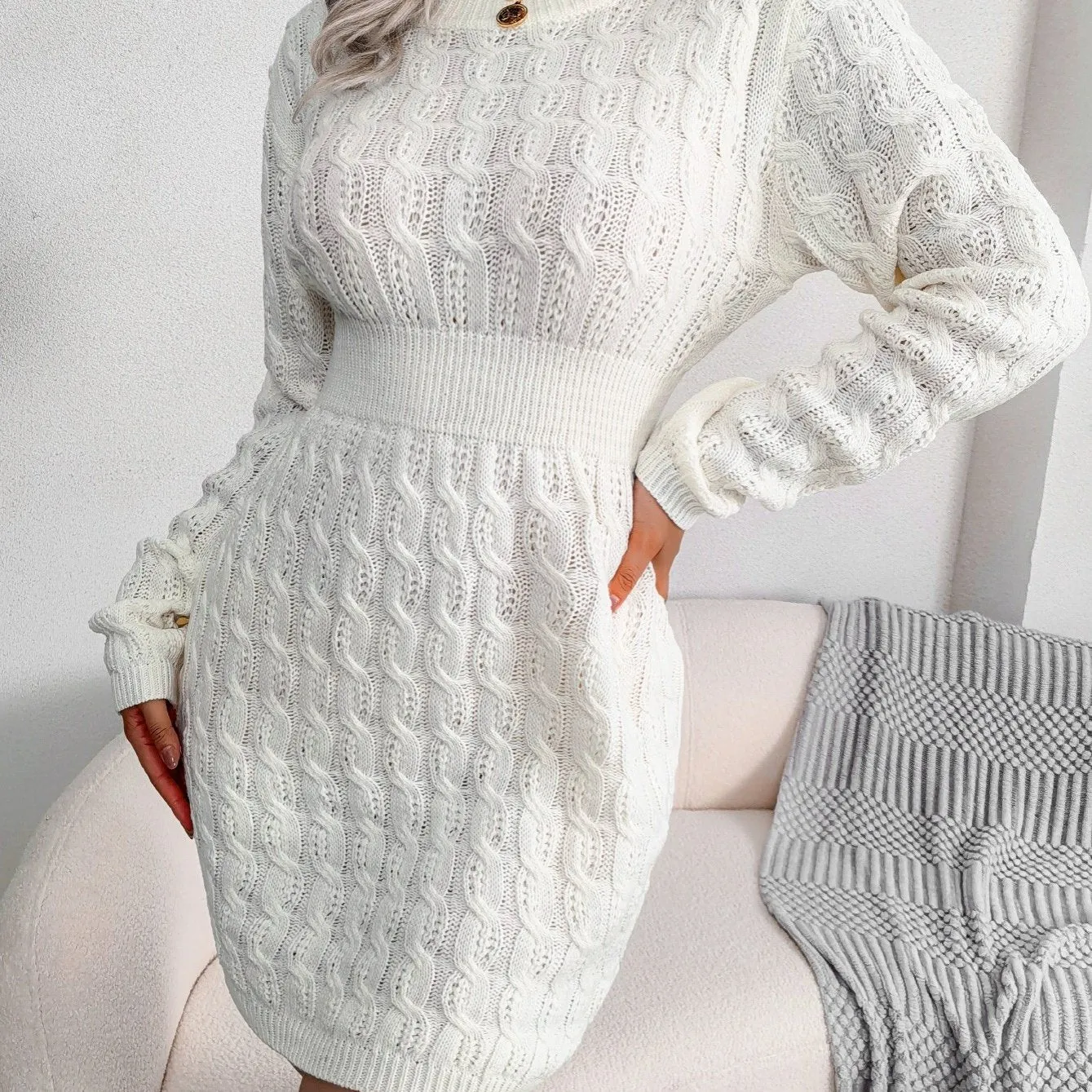 xieyinshe  Women's Sweater Round Neck Solid Twist Waist Bottoming Fall Winter Sweater Dress
