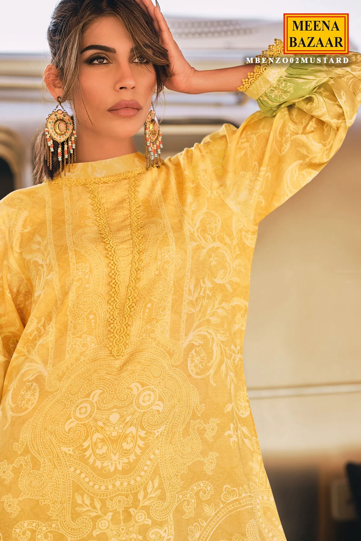 Yellow and Green Ombre Cotton Lace Embroidered Suit Set