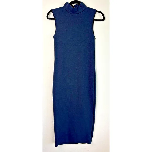 Zara Merino Bodycon Dress Navy Blue Sleeveless Turtleneck Knit Sweater Midi M